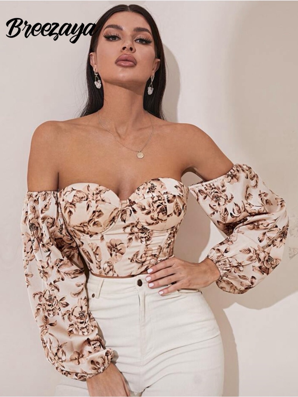 Off-Shoulder Floral Bustier Top in Cream and Brown